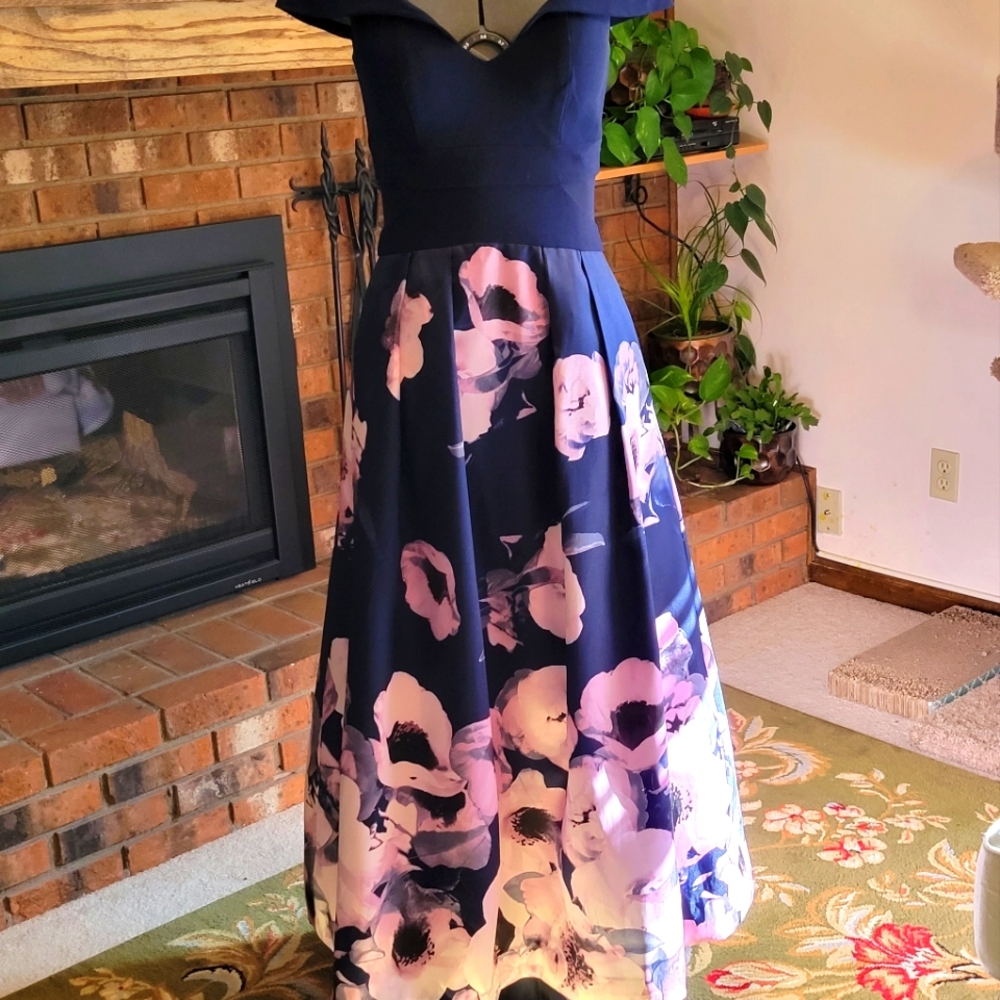 Evening gown, off the shoulder, navy and lilac floral, 6P
